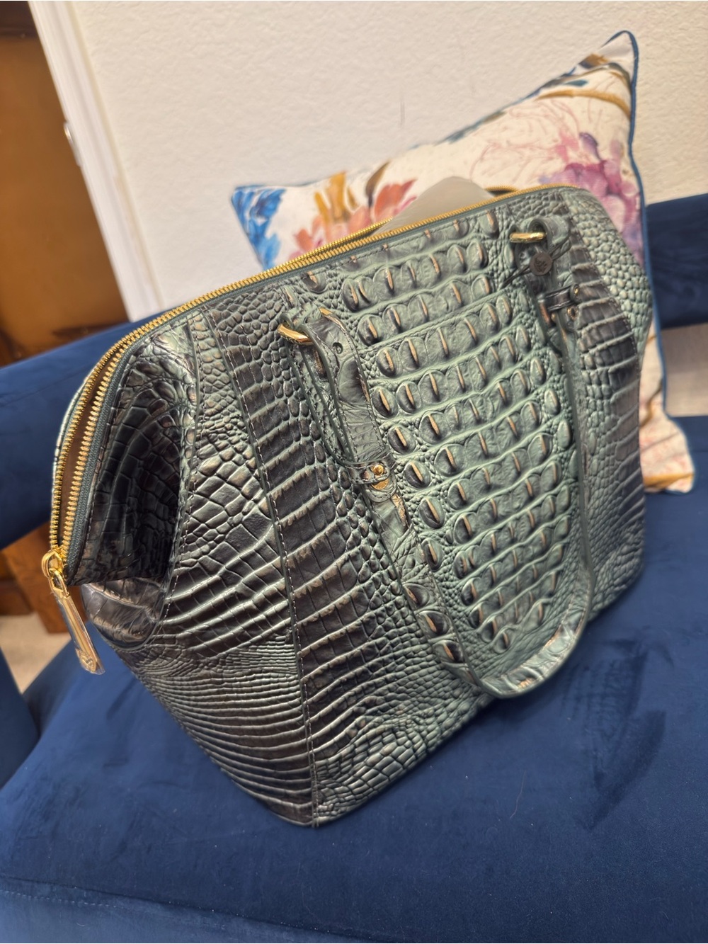 Brahmin Green Croc-Embossed Tote with Gold Hardware